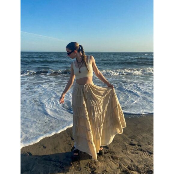 Free People Simply Smitten Maxi Skirt Tiered Tie Waist Natural Cream XL - Picture 3 of 16